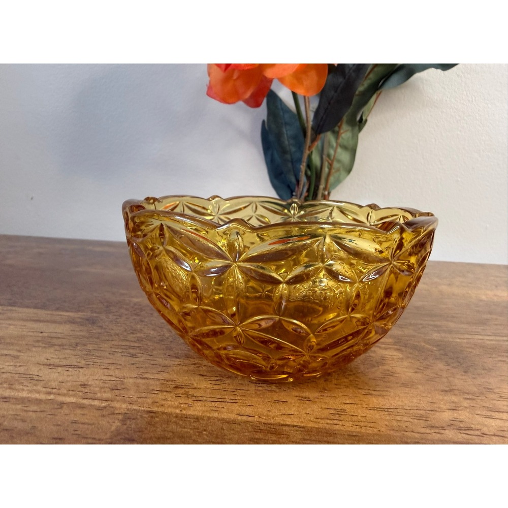 Vintage Amber Pressed Glass Bowl Floral Leaf Scalloped Rim Retro Glass